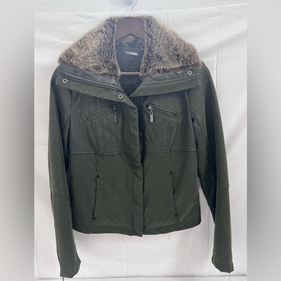 Joujou Olive Green Faux Leather Jacket With Faux Fur Collar Size M - Picture 1 of 8